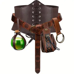 Rich Medieval Renaissance Belt – 5-piece corset belt set with pouch and cork potion bottle for women’s clothing, made of comfortable multicolor leather