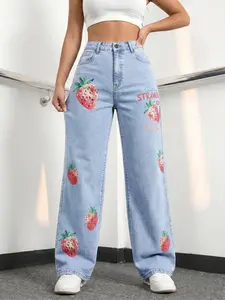 Jeanius Women's High Waist Wide Leg Denim Jeans, Medium Stretch Medium Blue Wash, Watercolor Strawberry Print "STRAWBERRY" Letter Graphic, Sweet Casual Daily Semi Baggy Jeans Mother gifts Mother's day outfit