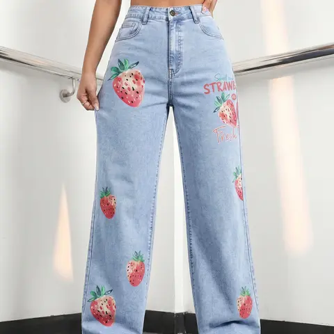 Jr Jeanius Wear Women's High Waist Wide Leg Printed Woven Cotton Jeans - 1-Piece, Button-Front & Zipper Closure, High Stretch Blue Wash, Watercolor Strawberry Design, Breathable Y2K Streetwear, Stacked Cuff Bottom