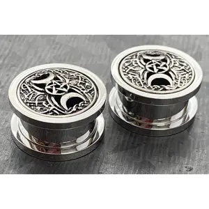 PAIR of Unique Pentagram Star & Two Crescent Moons Screw Fit Tunnels/Plugs - Only 1/2"(12mm) Left In Stock!