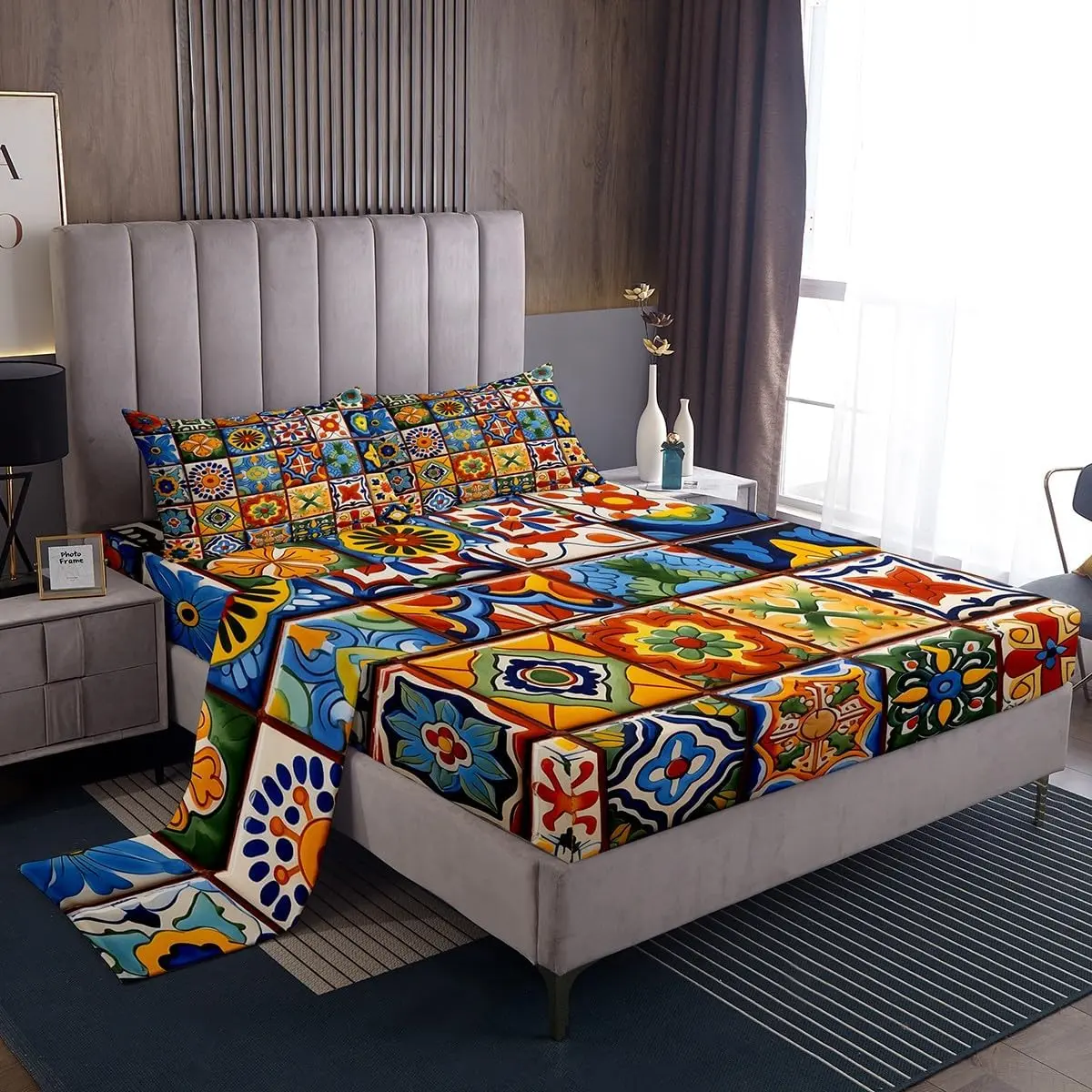 Mexican Talavera Tile Bed Sheets Set,Exotic Ethnic Boho Style Bedding Set Adults Room Decor,Colorful Bohemian Sheets Geometric Flower Fitted Sheet Set