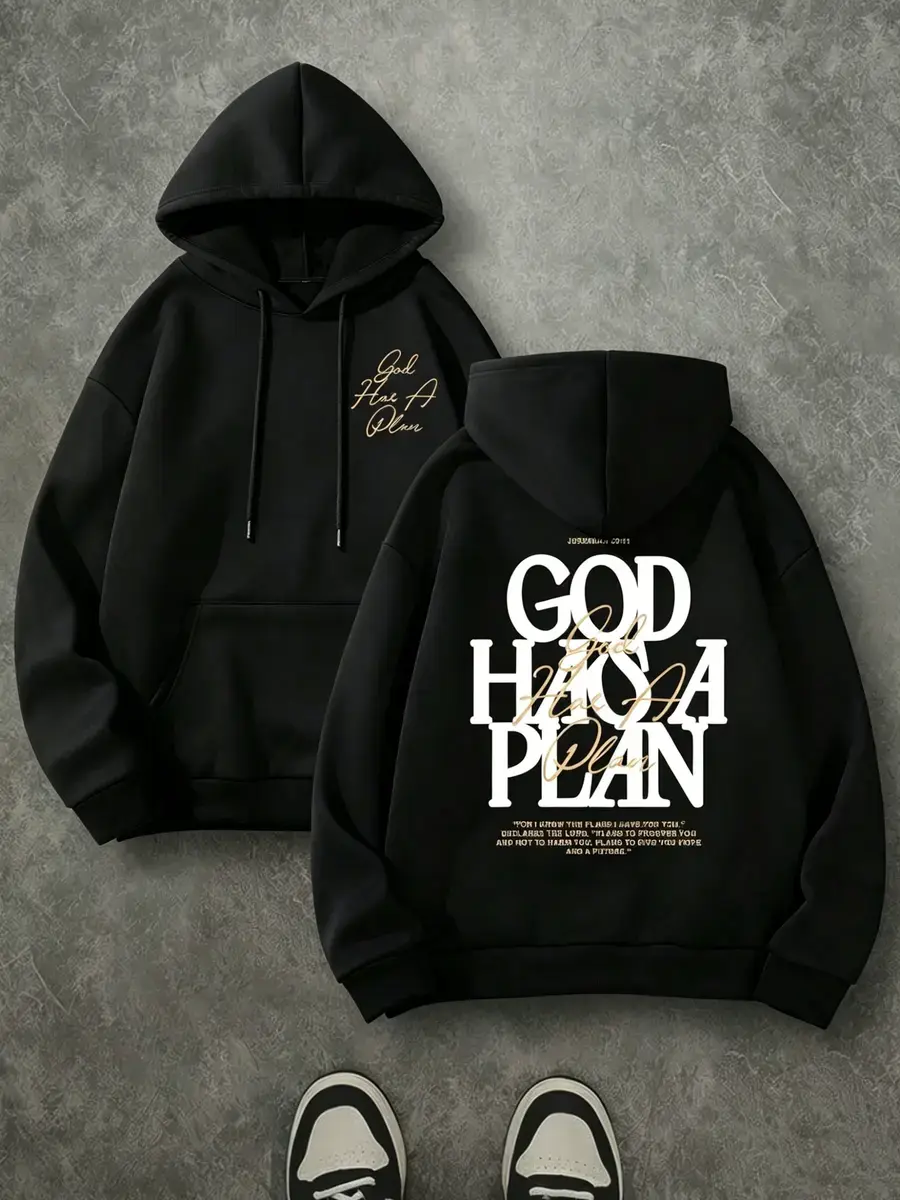 God Has A Plan Front Back Graphic Hoodie, Premium Brushed Fleece Loose Fit Black Pullover Hoodie, Luxury Gold Accent Cursive & Bold Stacked Letter Bible Verse Design, Trendy Inspirational Christian Streetwear For Believers