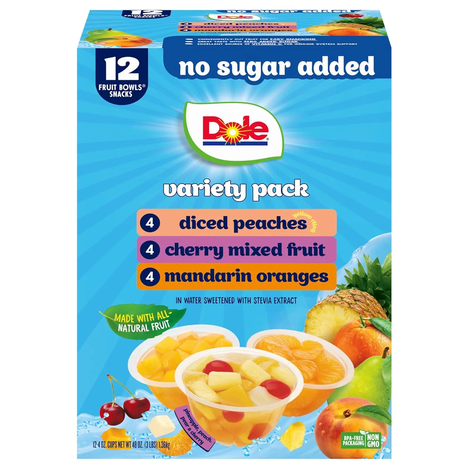 Diced Peaches, Mandarin Oranges, and Cherry Mixed Fruit with No Sugar Added Variety Pack - Dole Fruit Bowls Snacks - 4 oz Bowls - 12 Pack