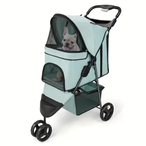 Universal Three-wheeled Baby Wheeled Dog Stroller, Pet Stroller For Small Dogs And Cats, 33 Pounds With Storage Basket And Cup Holder, With Storage Basket And Cup Holder, Send 45p Degradable Pet Garbage Bag And 1p Dispenser Blue-green