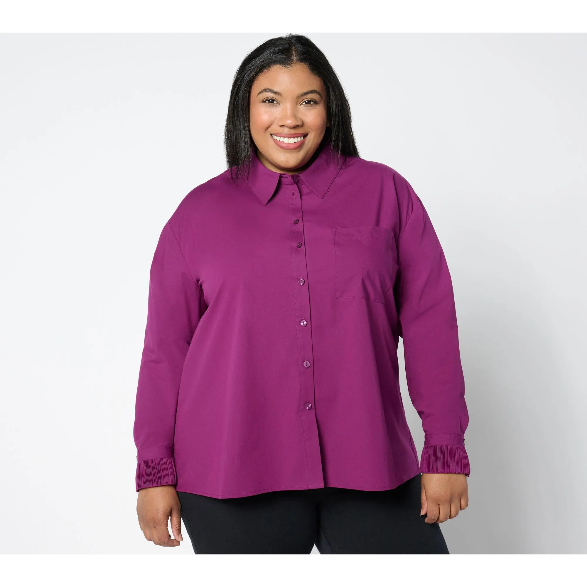Attitudes by Renee Petite Woven Button Front Shirt w/ Pleated Cuffs