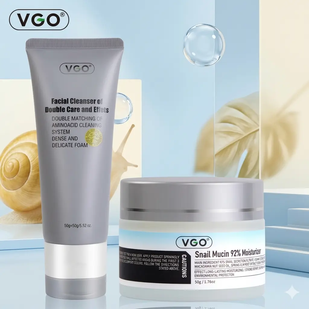 VGO 2-Step Daily Skincare Set with Gentle Cleanser and Snail Mucin Moisturizer for Lightweight Hydration and Cleansing, Hydrate, All Skin Types, Bottle, Moisturizing, Single Item, Daily Facial Routine, Simple Duo Set, Cream Form, Unisex, Fresh And Clean,