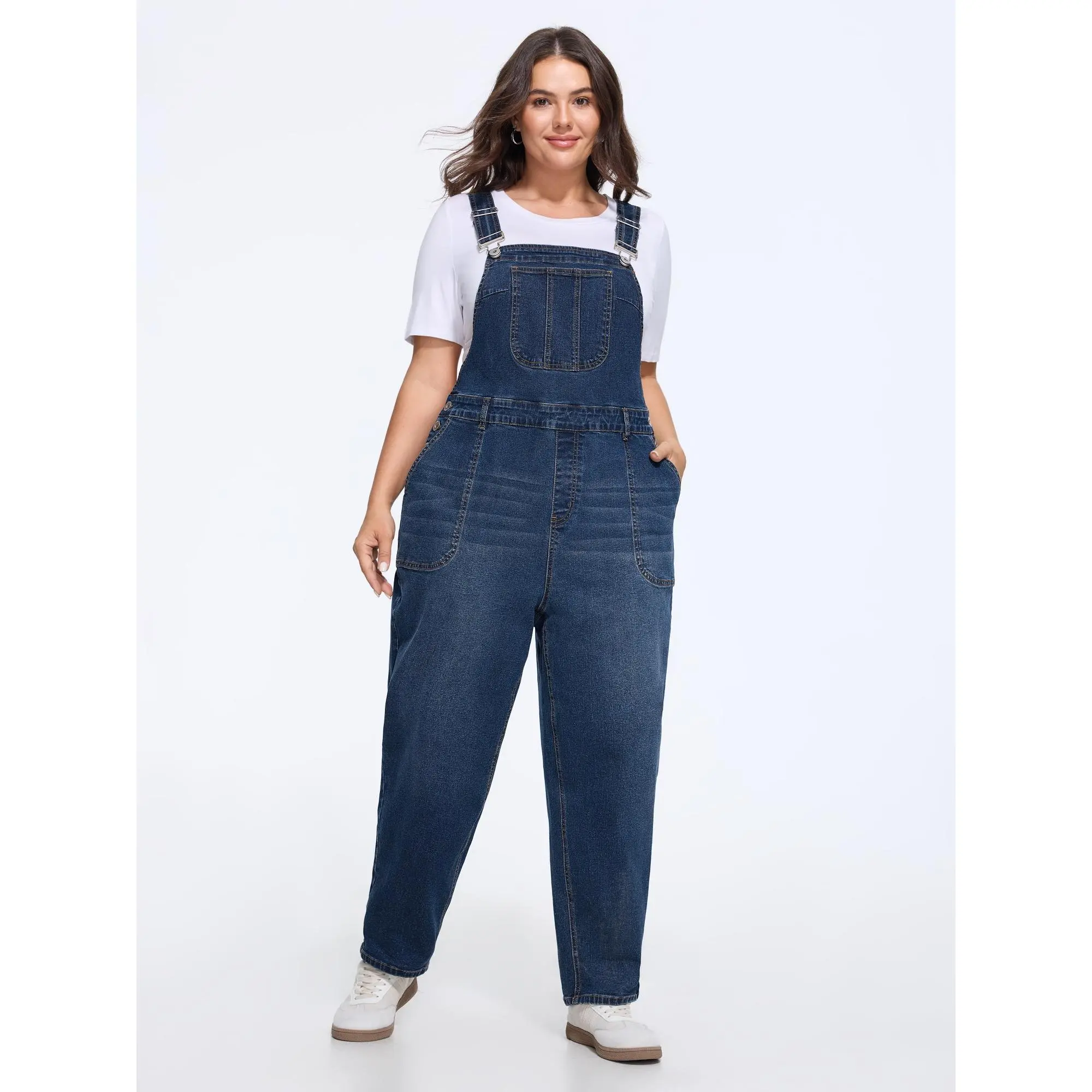 BLOOMCHIC Women's Plus Size Stretchy Spandex Fabric Denim Straight Leg Jumpsuit with Patch Pockets, Flattering Fit Garment [M-6X] Summer Find