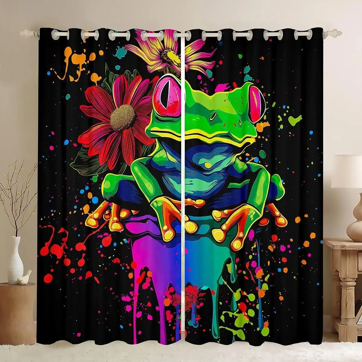 Frog Curtains,Cartoon Animal Window Curtains,Rainbow Tie Dye Graffiti Blackout Curtains,Rose Flower Window Treatments for Bedroom Decor,Floral Cute Frog Printed Curtains & Drapes,2 Panels