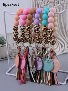 Fashion Leopard Print Beaded & Tassel Decor Keychain, Cute Heart & MAMA Letter Engraved Wooden Keychain for Women & Girls, Trendy All-match Keychain for Birthday Gift, Keychain Set, Bag Charms