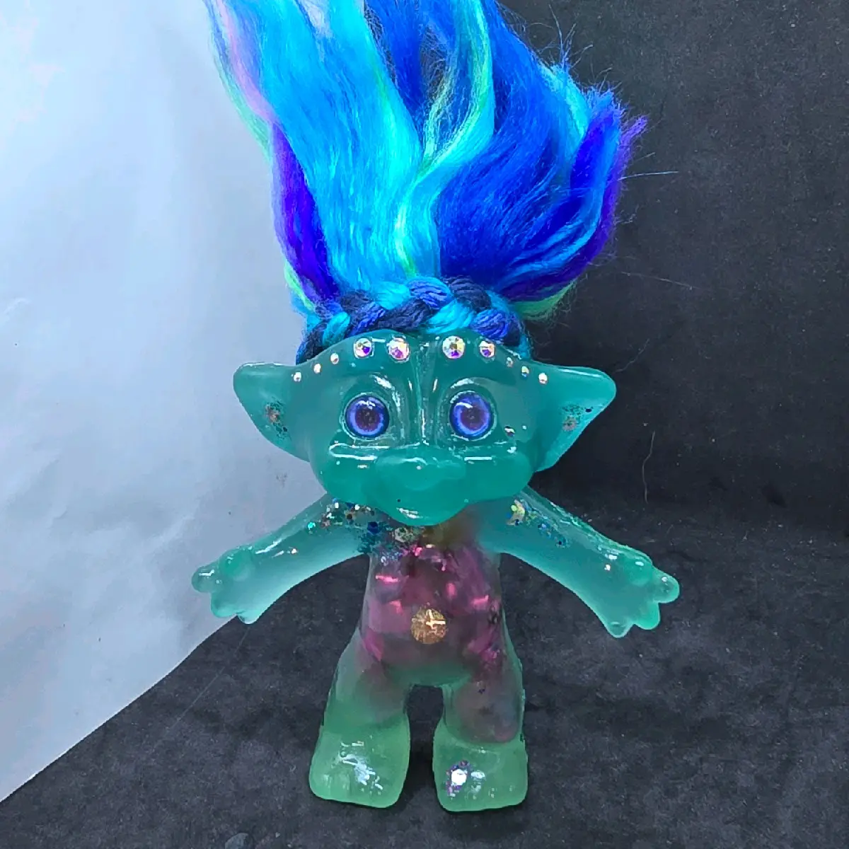 Handmade Color Change Glow in the Dark Shaker Troll with Glitter Moons Stars & Rhinestone Brow Line United States Made Unique Collectible Gift