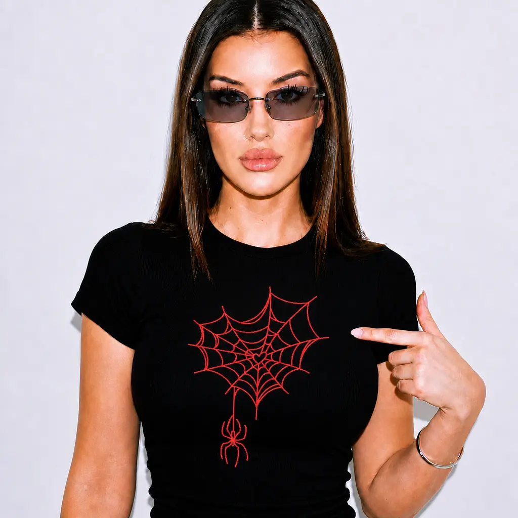 Spider Web Design Black T-Shirt for Women - Stylish and Comfortable Top with Red Spider Web Print