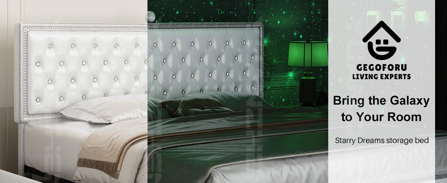 Queen LED Bed Frame with Galaxy Projector, Bluetooth Speakers, 4 Storage Drawers, PU Leather Upholstered – Smart RGB Light Bed for Gaming & Bedroom Decor | Cama LED Queen