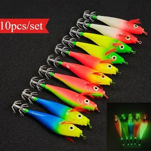 10pcs/set 10cm/10g Luminous Squid Jigs Lure Saltwater Shrimp Hook Fishing Lures Luminous Squid Jig Hook