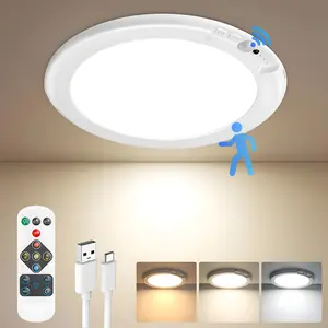 Rechargeable motion sensor ceiling light with remote — battery-operated wireless LED overhead light, dimmable with three color temperatures, magnetic installation, no wiring required, renter-friendly for closet, shower, pantry, and hallway