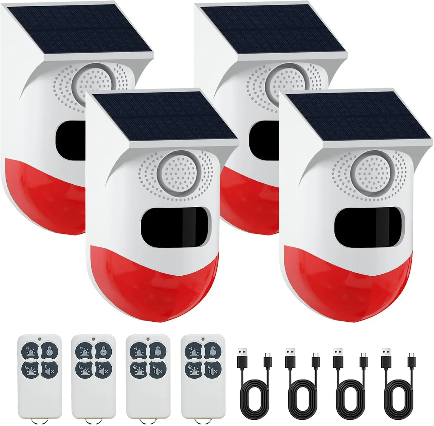 ChunHee Solar Motion Sensor Alarm Outdoor,Adjustable Motion Detector Alarm,129dB Sound Security Siren Light IP67 Waterproof Strobe Light for Home,Farm,Barn,Villa,Yard(4 Pack)