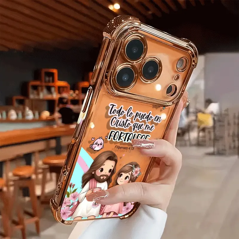 Transparent TPU Airbag Shockproof Smartphone Case - "God is with Me" Print, Electroplated Base, Soft Fashionable Cover for iPhone 17 Pro Max,16 Plus,16,15,14,13,12,11 Mobile Phone Accessories, Iphone 16 Plus