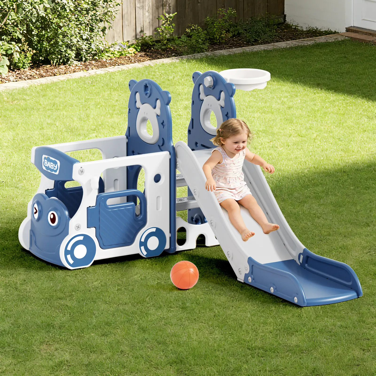 KORIMEFA 5 in 1 Toddler Slide, Indoor Outdoor Kids Slide with Climber and Basketball Hoop, Bus Themed Toddler Playground for Kids Age 1-3, dealforyoudays Play Equipment Play Yard