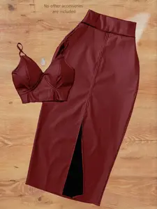 Sexy Off-Shoulder Halter Top + Split Waist Faux Leather Skirt Set, 2 Piece, No Accessories Included, Fashionable Women's Clothing
