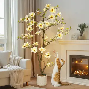 Gaomon 6ft Faux Magnolia Artificial Tree - Decorative Indoor-Outdoor Home & Room Decor with 180 Flowers, Vivid Leaves, Mosses, Lighting, White Pot, Multi-Size Options, Ideal Gift for Arrangement