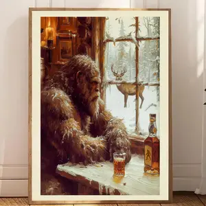 Vintage Sasquatch Bigfoot Print, Sasquatch Whiskey Wall Art for Bar Deer Camp Hunting Cabin Wall Decor, Bigfoot unframed poster Gift for Him Father's Day