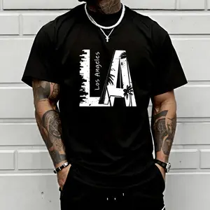 Men’s Los Angeles graphic T-shirt featuring LA skyline and palm tree print, made from a soft cotton blend—perfect for LA locals, city lovers, casual streetwear, and everyday outfits. tiktokshopspringglowup,summervibes