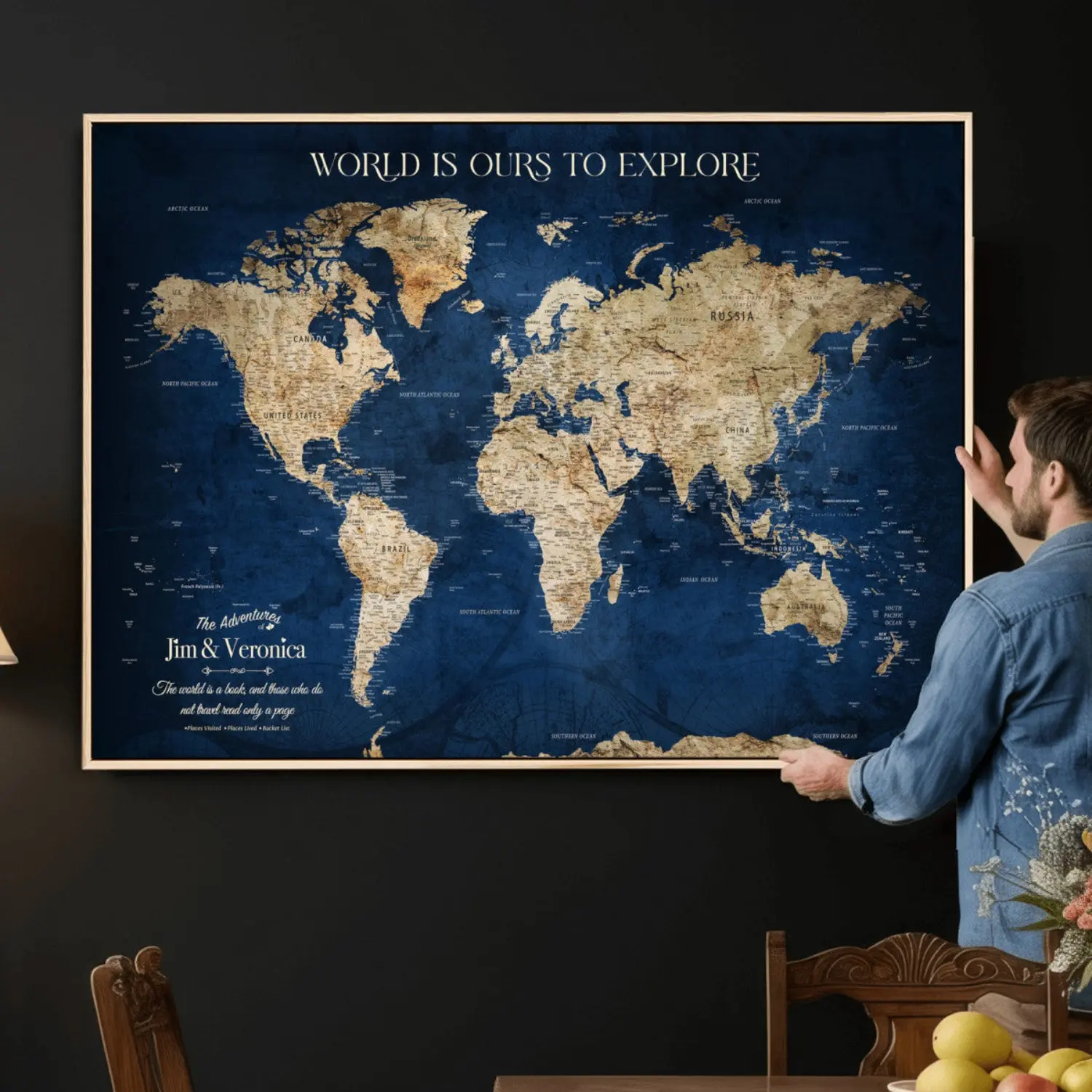 Custom Push Pin World Map Canvas Travel Tracker - Personalized 1-Panel Floating Framed Art, Vibrant Decor Gift, Wall Mounted Room Decor for Couples’ Anniversary, Office Stationery & Educational Supply