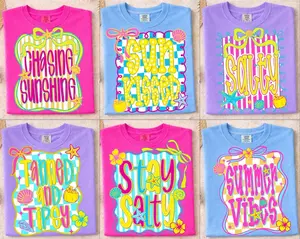 Comfort Colors Preppy Summer Shirt Bundle, Playful Striped Sweet Summer Time Tee, Aesthetic Beach Life Graphic Top, Trendy Neon Vibrant Summer Celebration Shirt