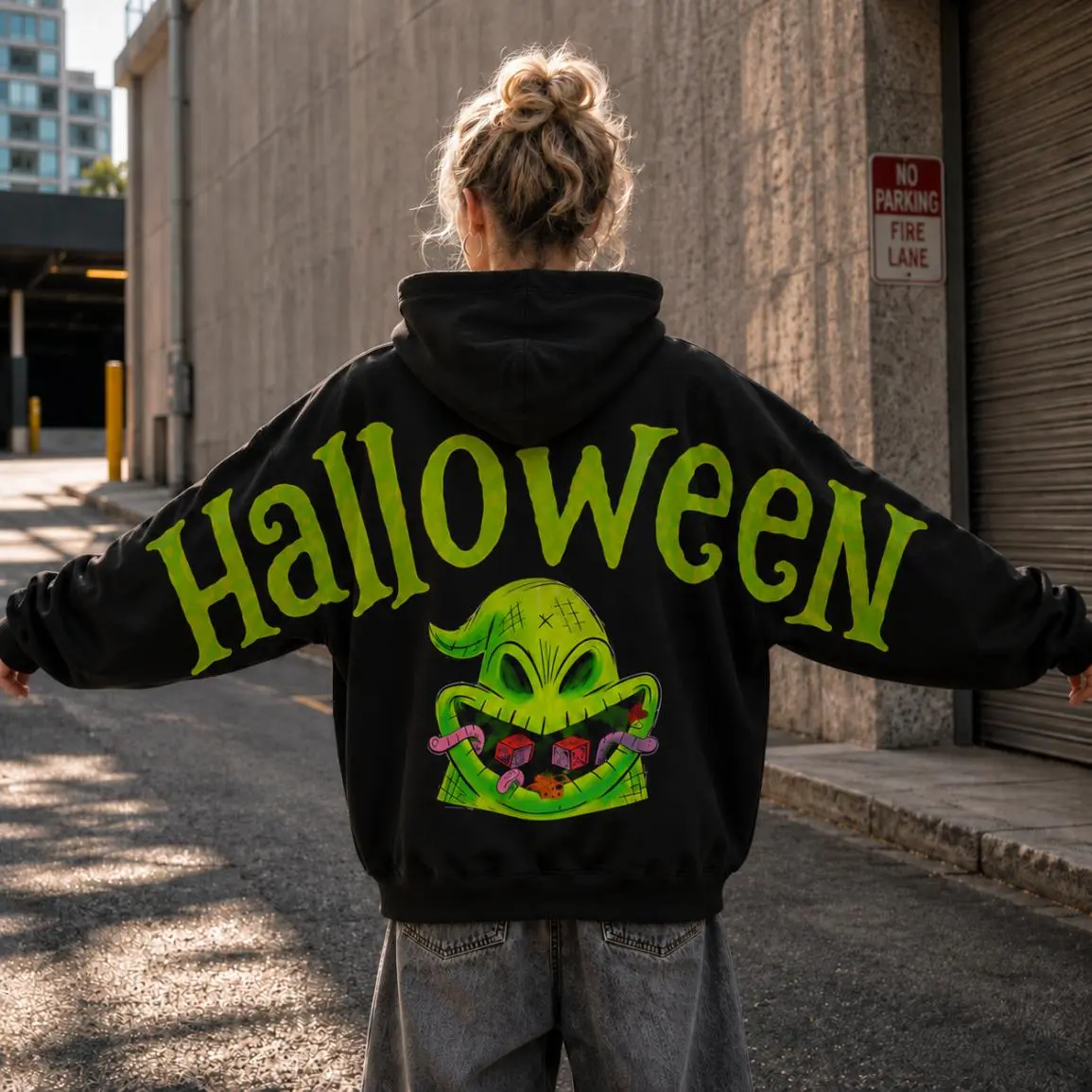 Oogie Boogie Halloween Shoulder-to-Shoulder Back Lettering Hoodie, Nightmare Before Christmas Candy Monster Back Print, Oversized Unisex Pullover Sweatshirt