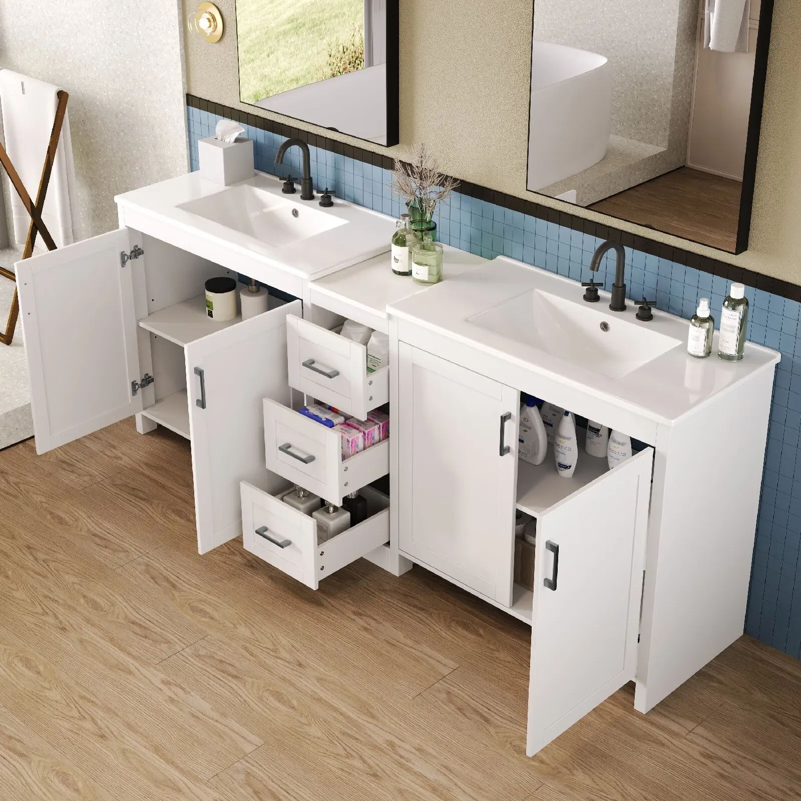 84" Double-Sink Bathroom Vanity, 2 Ceramic Sinks  a Quartz Countertop, with Adjustable Shelves  3 Drawers, Large storage space, Silver Metal Handles  Soft Close Hinges Design and
