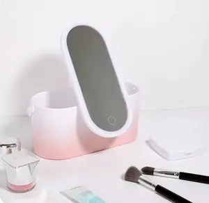 Lighted Makeup Vanity Mirror With Makeup Storage Case Rechargeable LED Light Desktop Makeup Mirror Portable Makeup Beauty Box