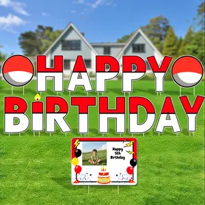 Cartoon Red and White Happy Birthday Yard Signs with Stakes for Garden Outdoor Party Decorations