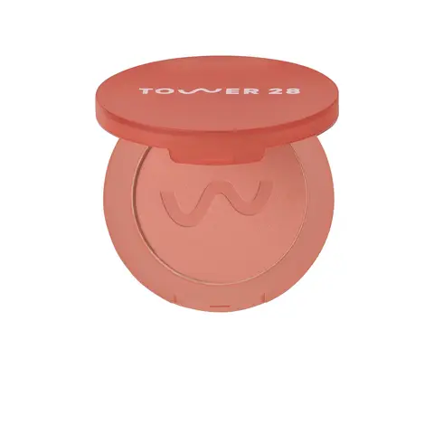 Tower 28 Getset Blur + Set Synthetic Titanium Hydrating Clay Matte Powder Blush - Long Beach Iced Tea Shade, Fluffy Brush-Included Gentle Colored Pigment Makeup That Blurs and Smooths Skin Texture