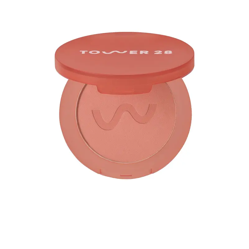 Tower 28 Getset Blur + Set Synthetic Titanium Hydrating Clay Matte Powder Blush - Long Beach Iced Tea Shade, Fluffy Brush-Included Gentle Colored Pigment Makeup That Blurs and Smooths Skin Texture