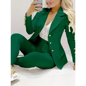 Business Casual Two-Piece Suit, Double Breasted Lapel Blazer and Slim Pants, Women's Clothing Top Green