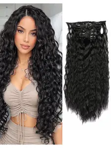 6PCS Glueless Clip in Hair Extensions 24" Synthetic Long Curly Wavy Hair Pieces Black Hair Extensions Natural Black Color Thick Deep Wave Hairpieces