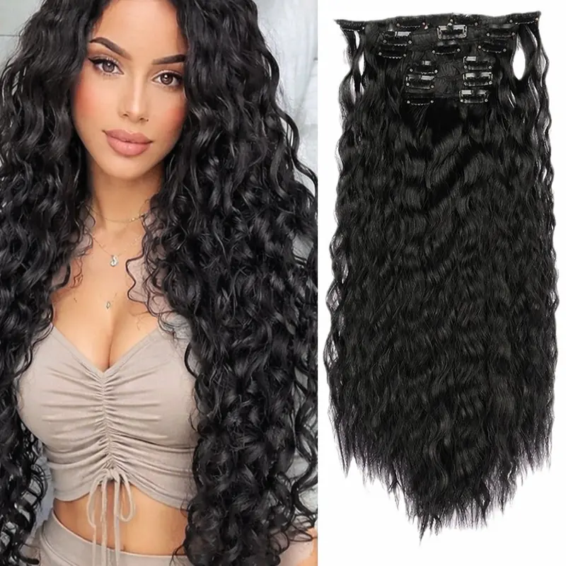 6PCS Glueless Invisible Clip Ins Hair Extensions Clip In Volume 24" Synthetic Long Curly Wavy Hair Pieces Black Hair Extensions Natural Black Color Thick Deep Wave Hairpieces