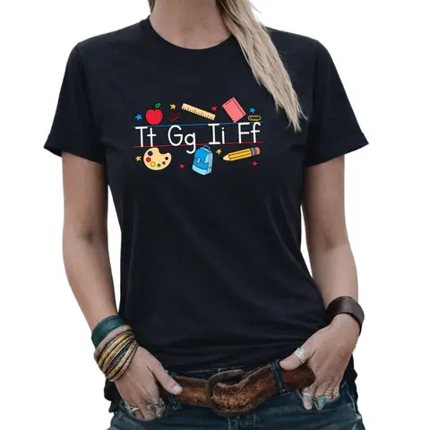 Women's Cotton "TGIF" Trendy Graphic T-Shirt - Casual Short Sleeve Crew Neck, Black Colorful Theme Tops for Women, Spring Summer Wear, Playful Look, Loose-Fitting, Check Size Guide