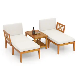 COSTWAY - 5 Pieces Acacia Wood Patio Chaise Lounge Chair Set with Ottoman and Cushions-White