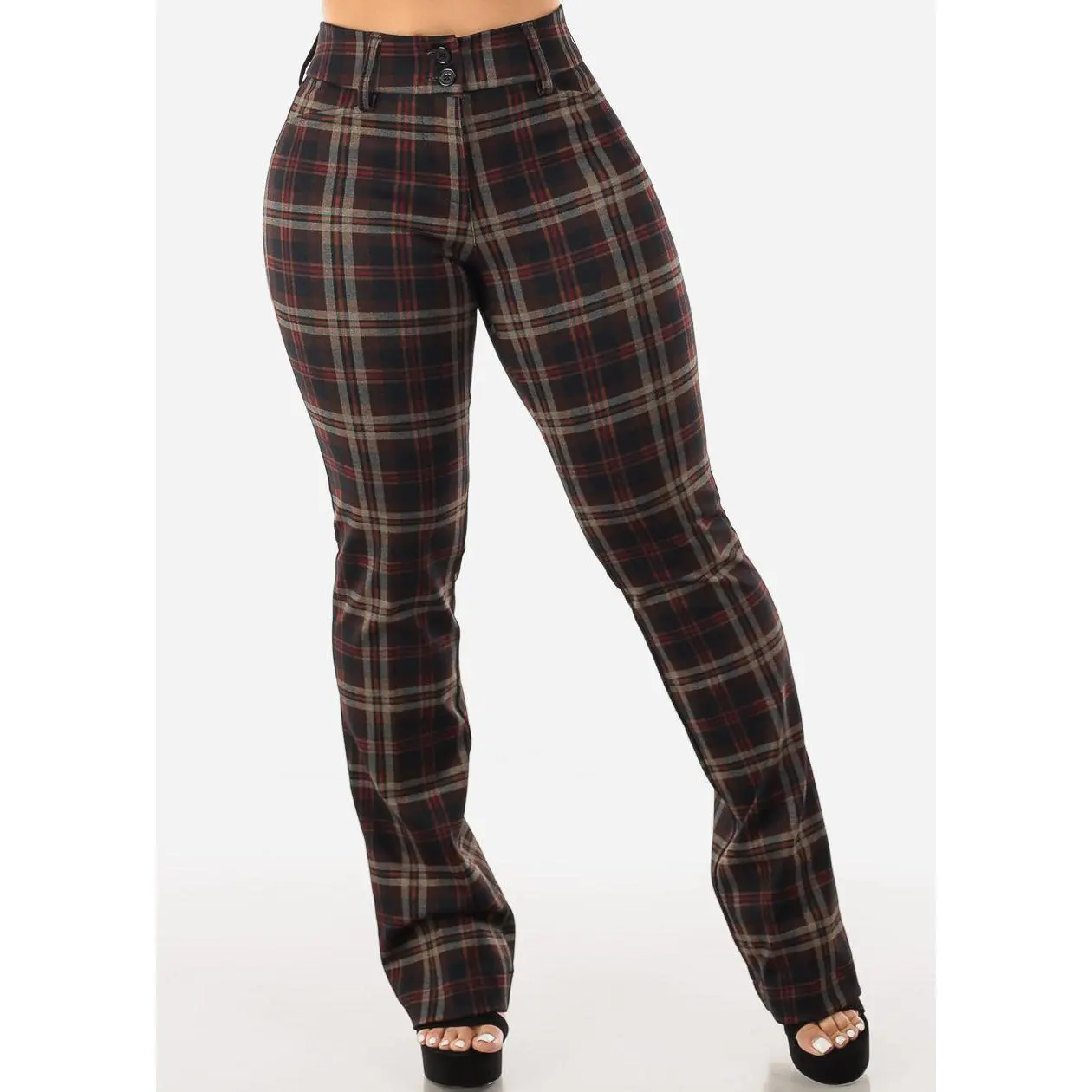 High Waist Plaid Bootcut Stretch Dress Pants Brown
