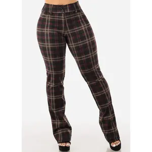 High Waist Plaid Bootcut Stretch Dress Pants Brown