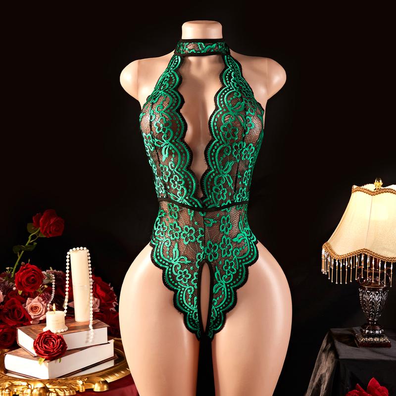 AESKEIA Lace Tie Slim Fit Jumpsuit Midnight Charming Red Lace Camisole Neck Halter Elegance Overall Lingerie Everyday Love Women's Fabric Piece Style