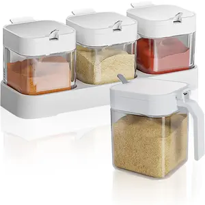 Clear Glass Condiment Canisters Pots, 8 oz Condiment Jar Spice Container with 304 Stainless Steel Lids and Spoons, Glass Seasoning Box Set of 3 Spice Jars Salt Container Sugar Bowl for Kitchen(White)