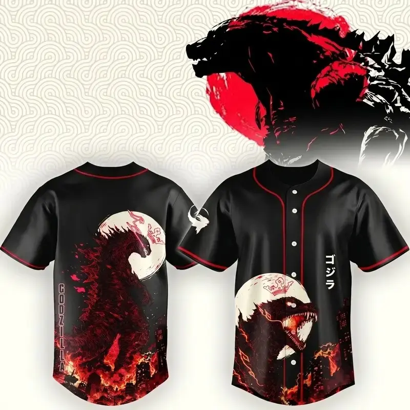 Retro Godzilla Gojira Japanese Kaiju Baseball Jersey Vintage Anime Graphic Button Up Shirt Streetwear Premium Breathable Mesh King of Monsters Casual Tee Gift