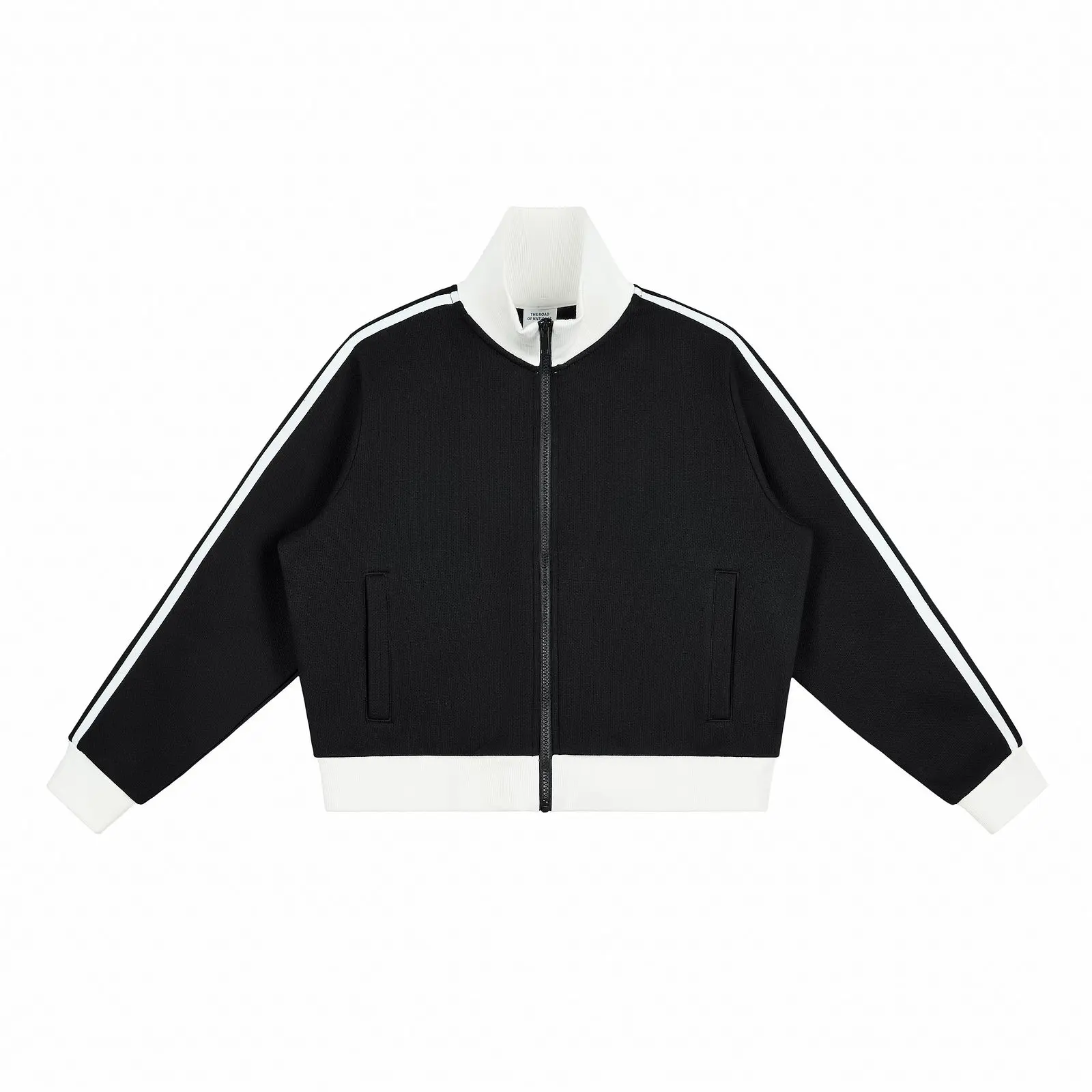 Classic Dual Arm 3 Stripe Contrast Trim Stand Collar Full Zip Ribbed Waist Cropped Track Jacket | Perfect For Matching Wide Leg Track Pants & Platform Sneaker Outfits