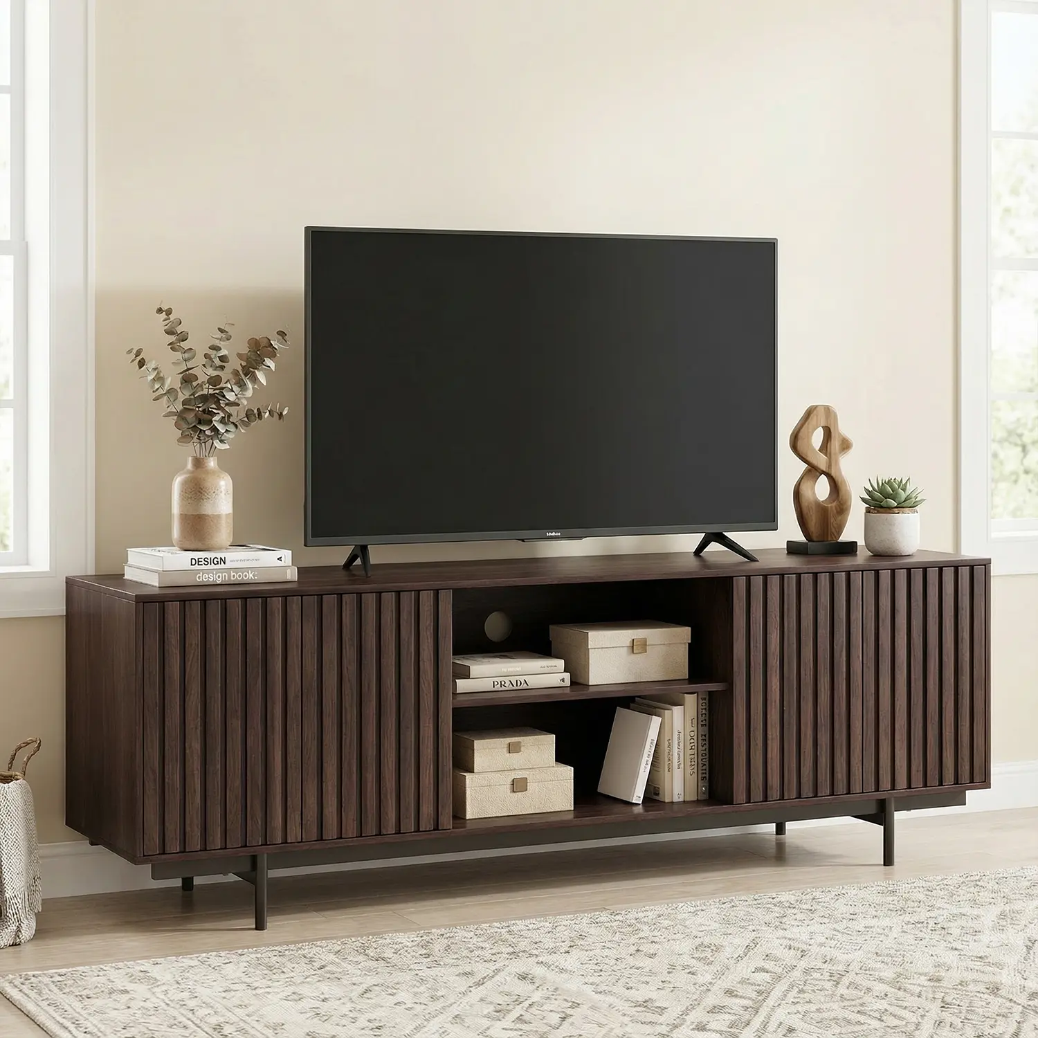 Spaco Mid-Century Modern Farmhouse Minimalist TV Stand - 75" Fluted Wood TV Cabinet Table, Waterproof Apartment Furniture with Storage Shelf, Pop-Up Doors & Storage Cabinet, Media Console for Living Room, Studio Apartment Furniture