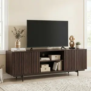 Spaco Mid-Century Modern Farmhouse TV Stand – 75" Fluted Wood Entertainment Center with Storage Shelf & Pop-Up Doors, Retro Style Media Console for Living Room or Bedroom