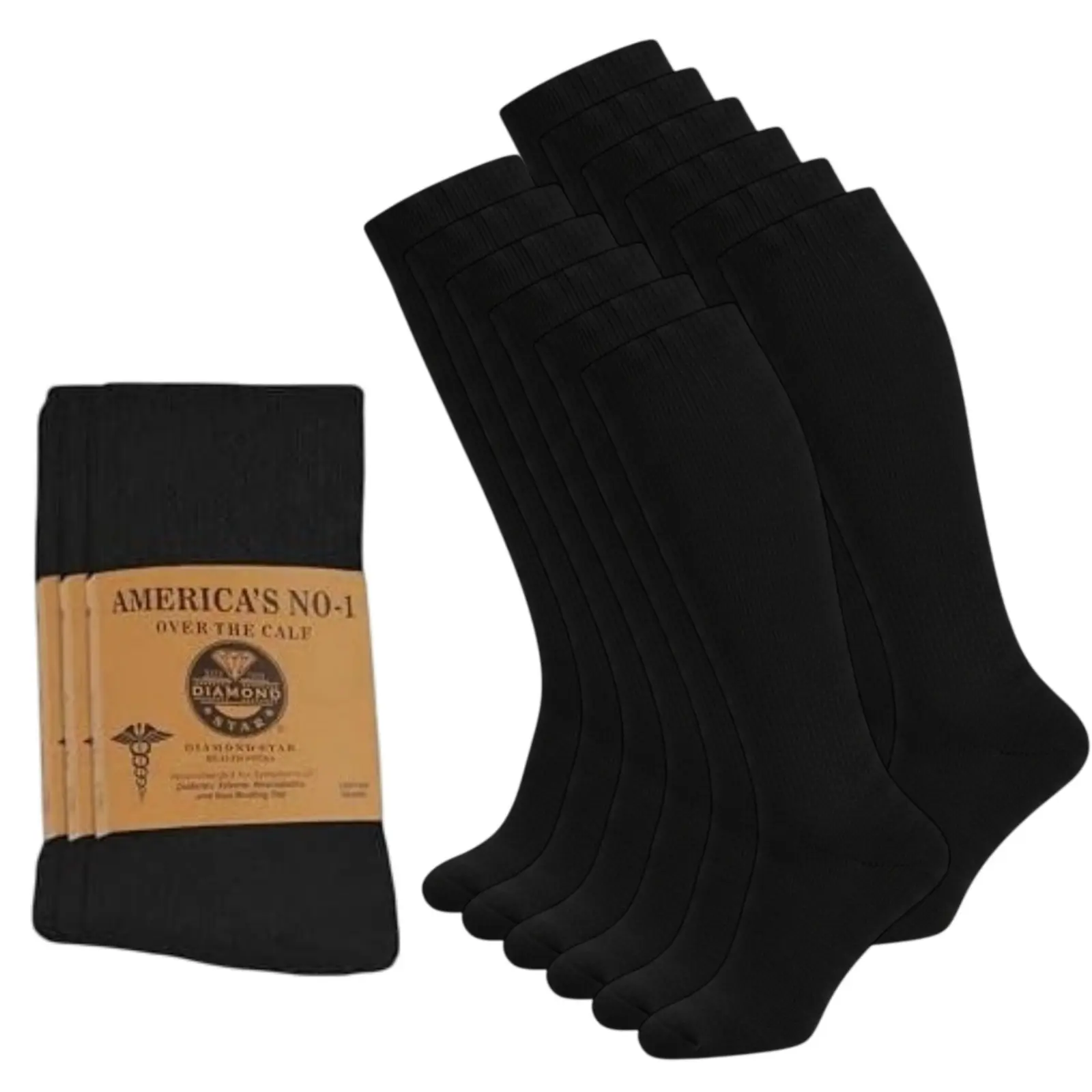 DIAMOND STAR 6 Pairs Diabetic Socks Over The Calf - Knee High Premium Cotton Socks Men's Size 9-11 10-13 Big & Tall Size 13-16. Casual Elastic
