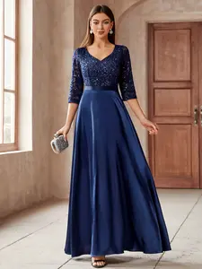 MIUSOL 53310 Sweetheart Neck Sequin Floral Lace Contrast Satin Flared Hem 3/4 Sleeve Formal Party Maxi Dress, Elegant Party Dress For Women, Formal Evening Gown, Prom Dress, For Wedding Guest, Graduation, Dinner