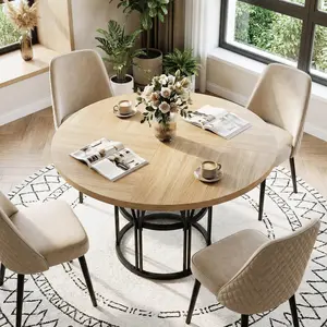 Natural Oak 47" Round Dining Table with Storage, Modern Kitchen Table for 4-6, Sturdy Metal Frame Circle Dinner Table for Small Space, Apartment, Living Room, Office - Space Saving Design