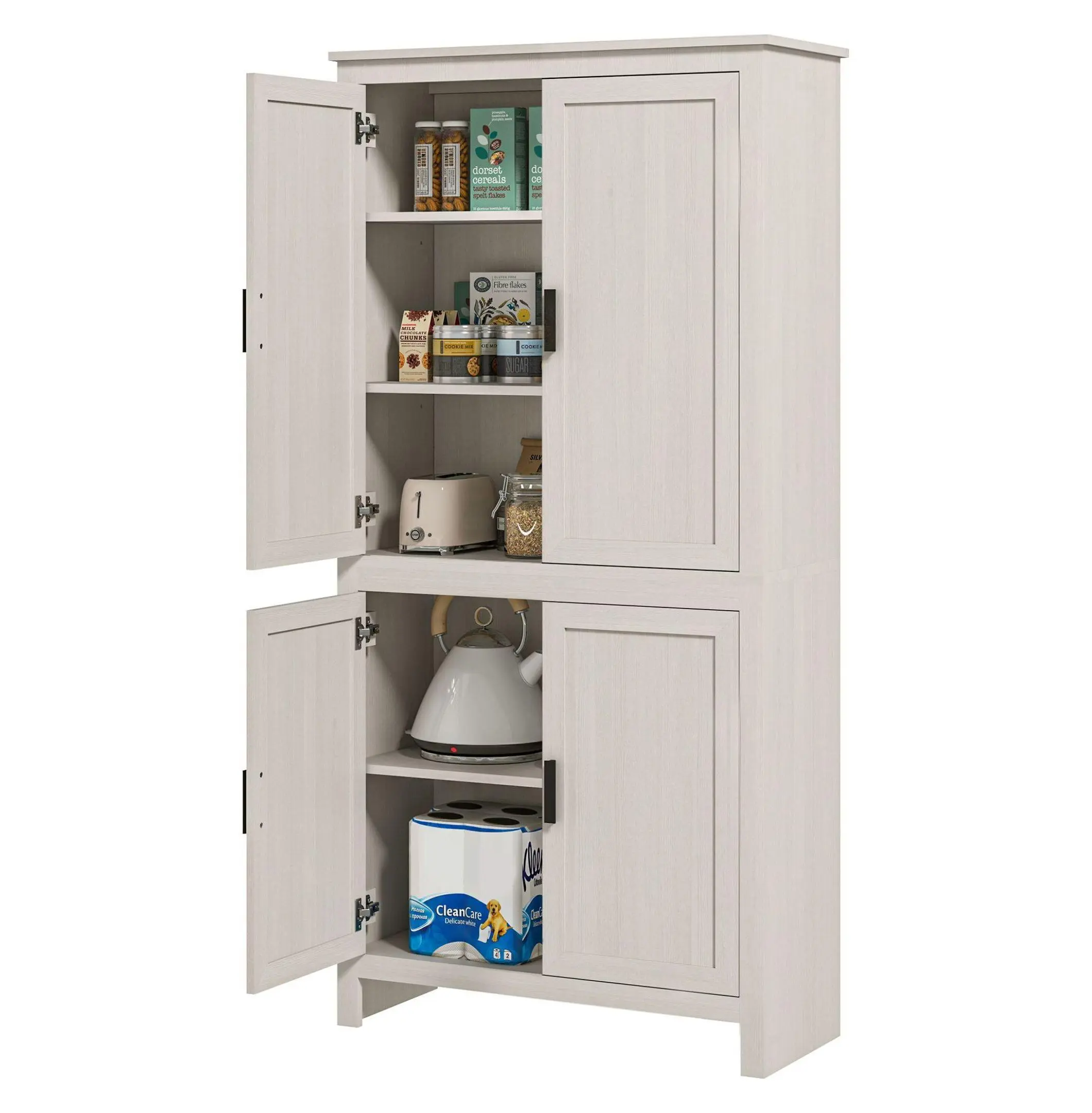 64" Kitchen Pantry, 4-Door Freestanding Cabinet with Adjustable Shelves, Antique White